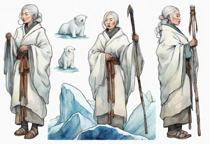 an Inuit woman with white hair and a white robe holding a long ivory bowstaff, standing on an iceberg tattoo idea