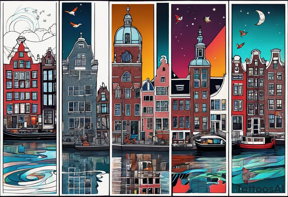 Tattoo of animals in Amsterdam featuring Amsterdam buildings and canal in galaxy colours featuring glass featuring birds and other critters tattoo idea