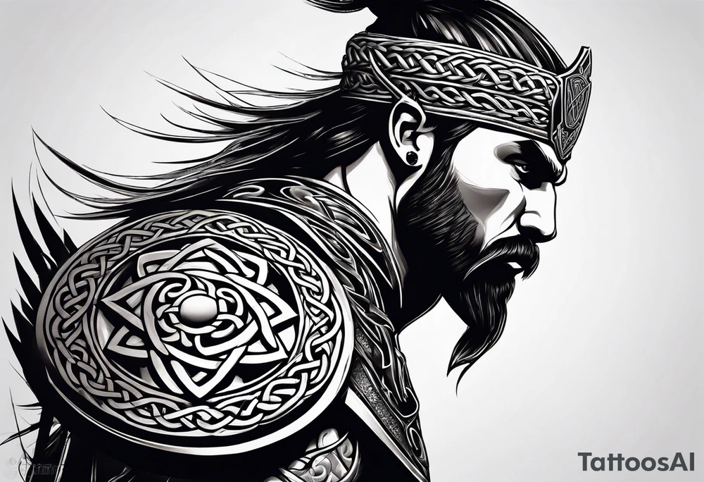 Side profile of Celtic warrior with weapons unsheathed tattoo idea