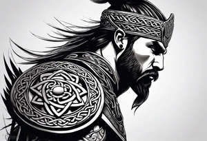 Side profile of Celtic warrior with weapons unsheathed tattoo idea