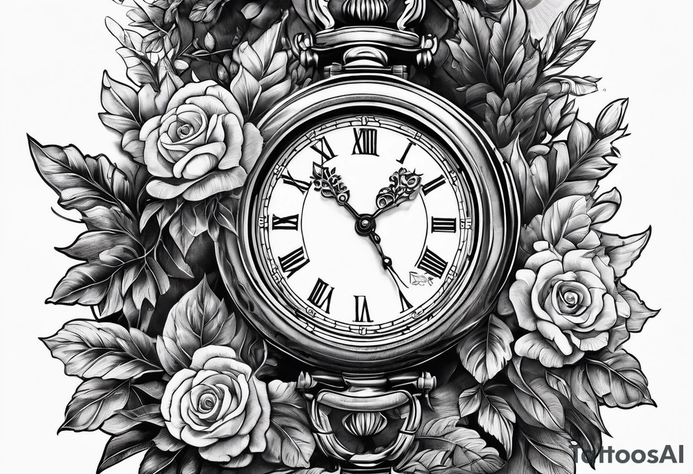 Antique watch surrounded by trees tattoo idea