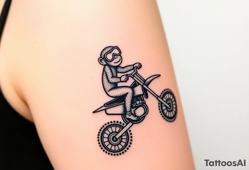 cheeky monkey on a dirt bike wearing goggles popping a wheelie tattoo idea