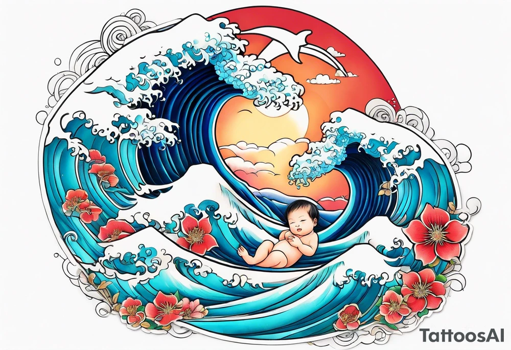 Wave and baby angel tattoo idea