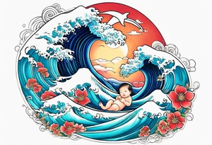 Wave and baby angel tattoo idea