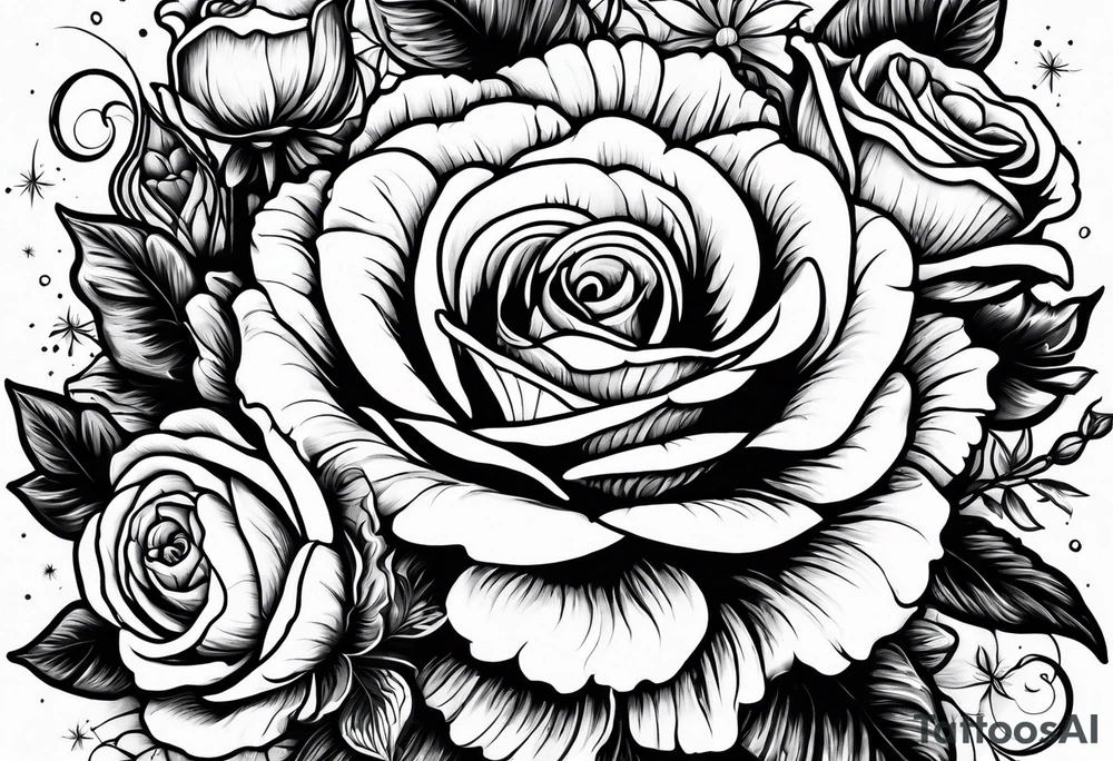 Roses, marigolds, cosmos, daisies, sweet peas tattoo idea