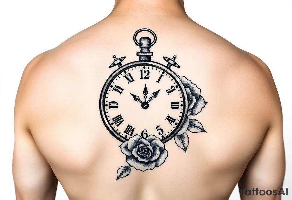 Clock showing 12:56 with rose stencil white background 
Not on body tattoo idea