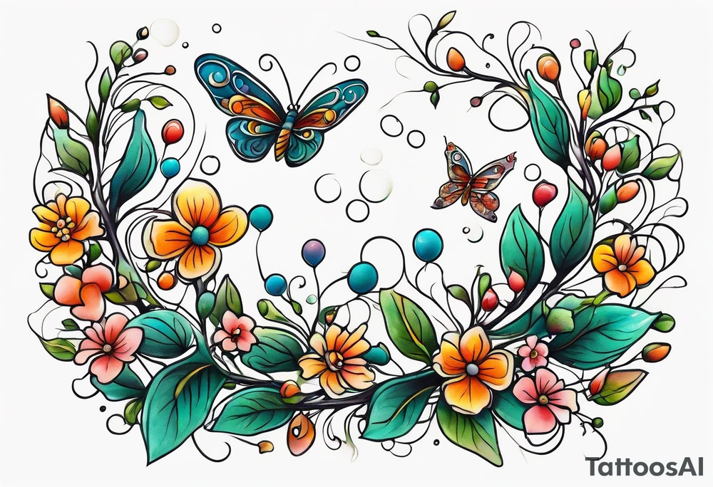 Winding branches and leaves and tiny flowers with a small moth and bubbles tattoo idea