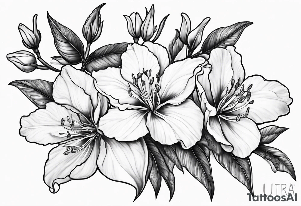 5-petal azaleas with buds along a long branch tattoo idea