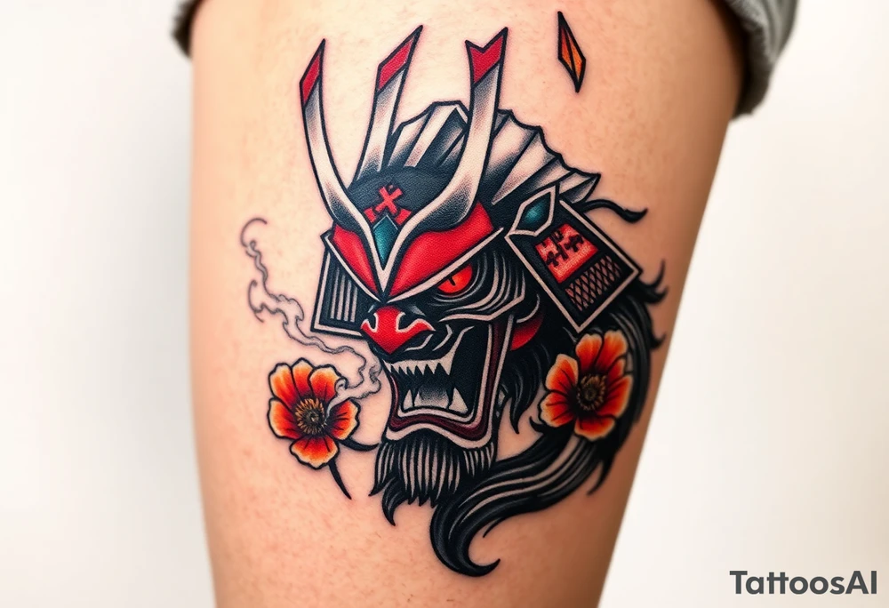 Big Rouge ronin to cover the entire thigh with smoke coming out of its mouth with 11b tattooed under its left eye with 1 poppy on each side of the ronin tattoo idea