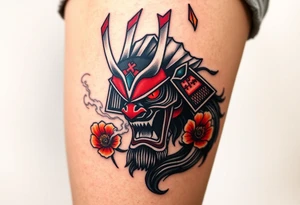 Big Rouge ronin to cover the entire thigh with smoke coming out of its mouth with 11b tattooed under its left eye with 1 poppy on each side of the ronin tattoo idea
