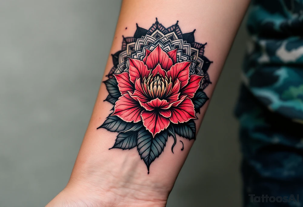 red  and black rhododendron trippy with mandala behind tattoo idea