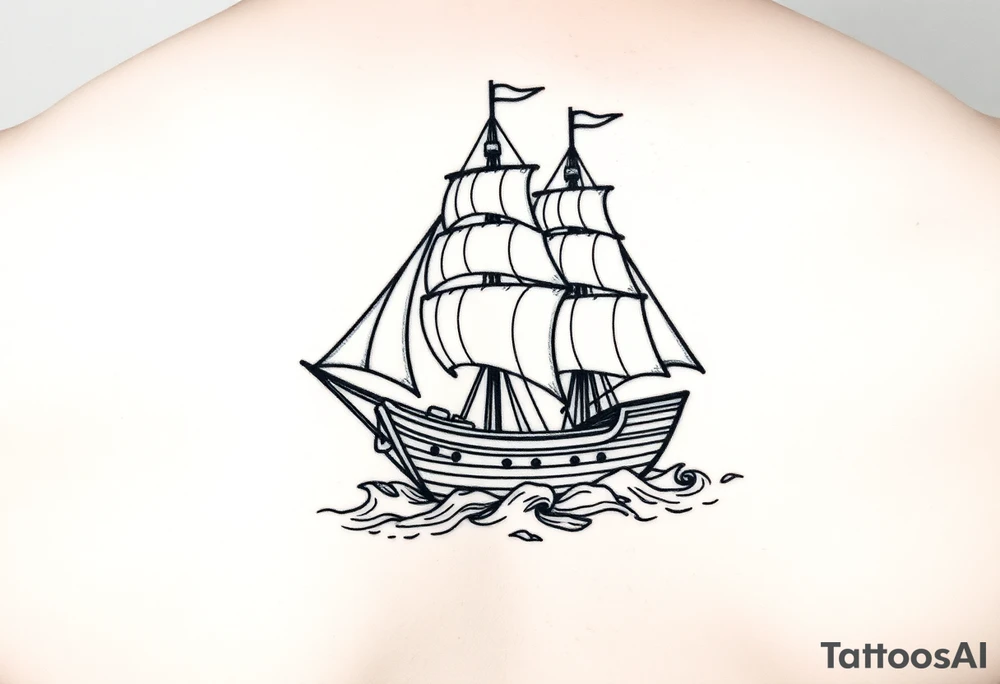 bland and white detailed linework drawing of Spaniard ship sailing for forearm tattoo idea