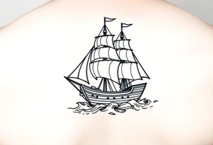 bland and white detailed linework drawing of Spaniard ship sailing for forearm tattoo idea