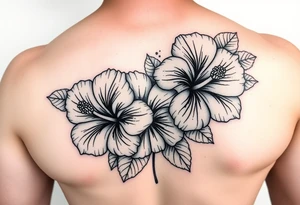 Three hibiscus flowers botanical big tattoo. FINE LINE add greenery around tattoo idea