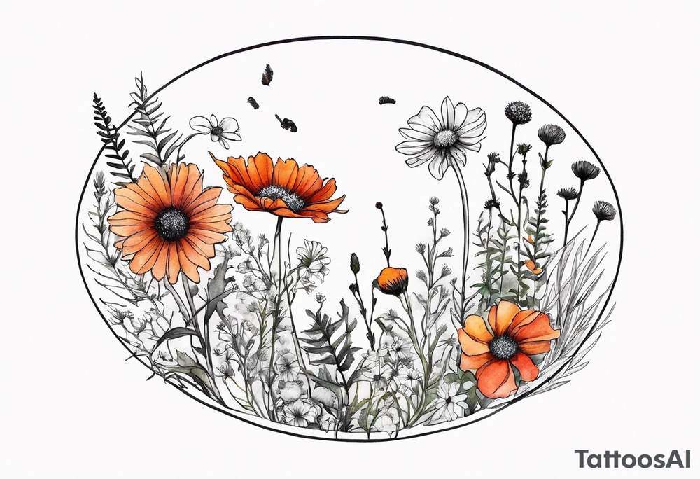 an oval of wildflowers cascading with thistles, ferns, white anemones, sun flowers, red flowers, black flowers, buttercups, orange flowers, babys breath and daisies all in watercolor tattoo idea