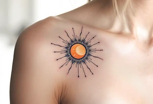 A sun-and-moon fusion circle in warm orange and cool indigo with fine line detailing. tattoo idea