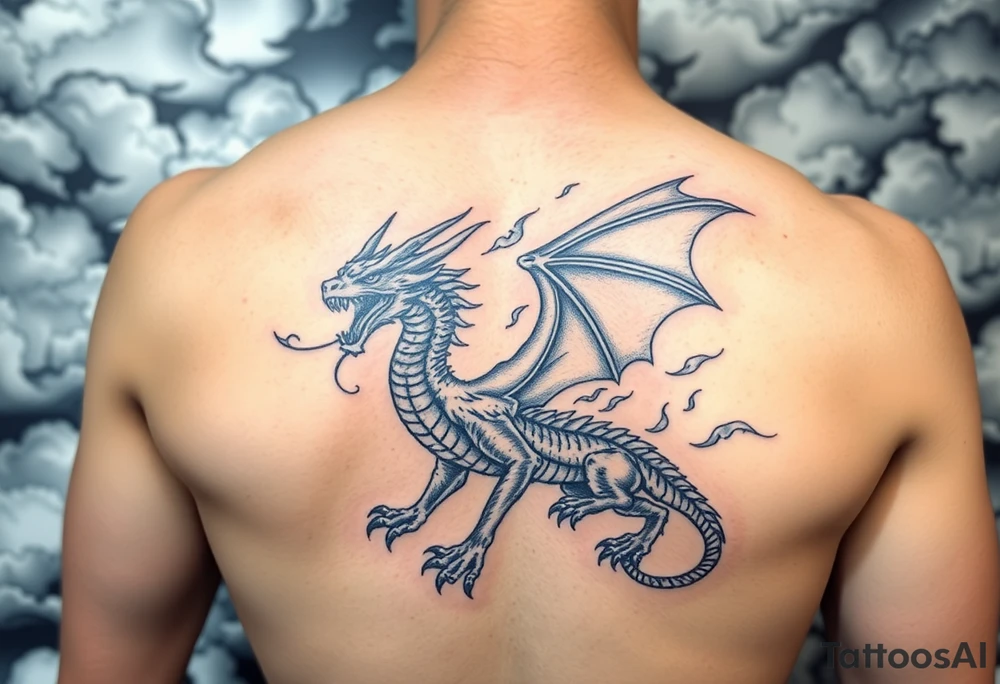 fierce dragon breathing iridescent fire against stormy skies tattoo idea