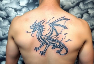 fierce dragon breathing iridescent fire against stormy skies tattoo idea
