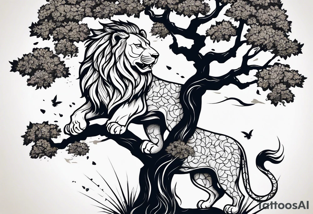 Oak tree shaped as roaring lion tattoo idea