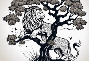 Oak tree shaped as roaring lion tattoo idea