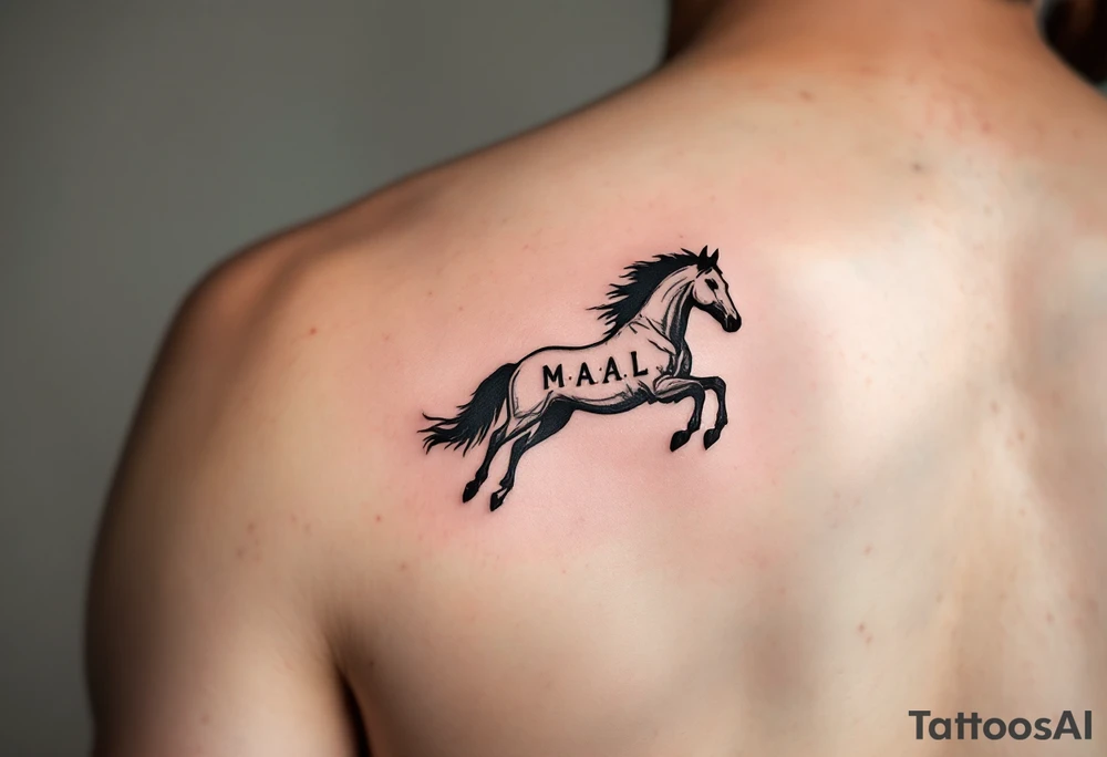 horse silhouette 
from the front which gallops from the front, with the 3 small letters discreetly integrated: M, A, L tattoo idea