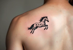 horse silhouette 
from the front which gallops from the front, with the 3 small letters discreetly integrated: M, A, L tattoo idea