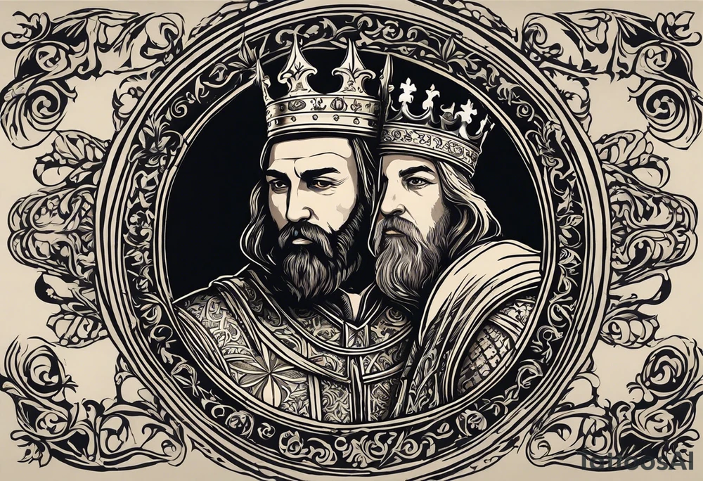 "I want a tattoo that features King Tvrtko I of Bosnia in a realistic medieval portrait. The design should include his crown and scepter, symbolizing his royal status. Surrounding the portrait, incorporate the coat of arms of the Kingdom of Bosnia, featuring the fleur-de-lis pattern. I’d like the background to include medieval architectural elements like castles or fortresses and possibly some natural landscapes that represent Bosnia. Add the text 'King Tvrtko I' in a medieval-style font, along with his reign dates. The overall style should be either black-and-gray. tattoo idea