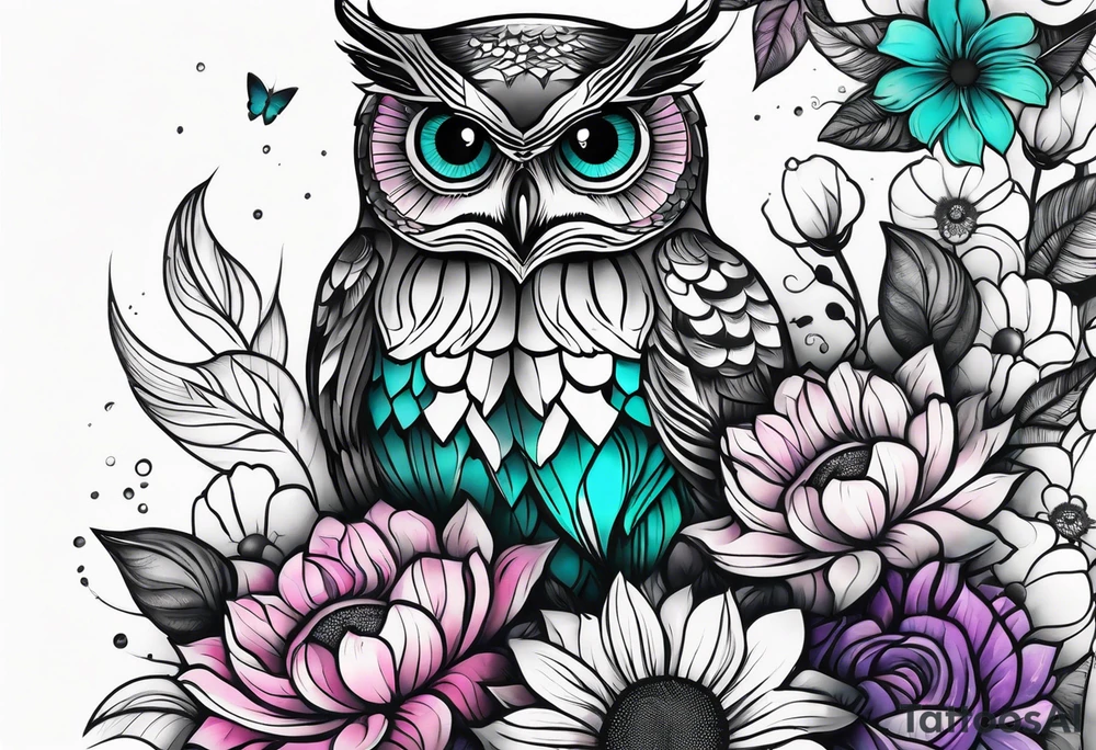 Leg Sleeve with black and white owl that's lightly shaded teal, pink and purple and yellow sunflowers tattoo idea