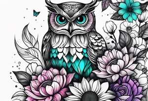 Leg Sleeve with black and white owl that's lightly shaded teal, pink and purple and yellow sunflowers tattoo idea