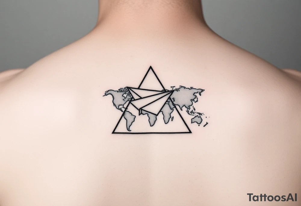 Small geometric triangle with a geometric paper plane with fine thin lines flying around the world with fine thin lines tattoo idea