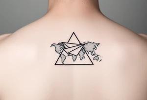 Small geometric triangle with a geometric paper plane with fine thin lines flying around the world with fine thin lines tattoo idea