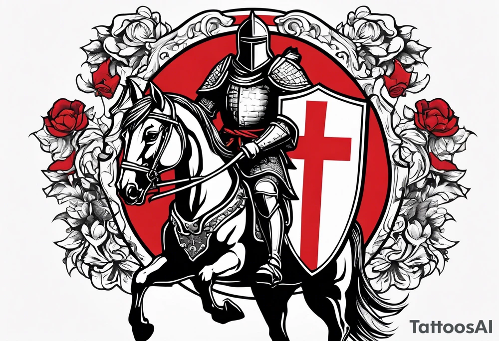 Templer knight on horse with sword and shield with red cross tattoo idea