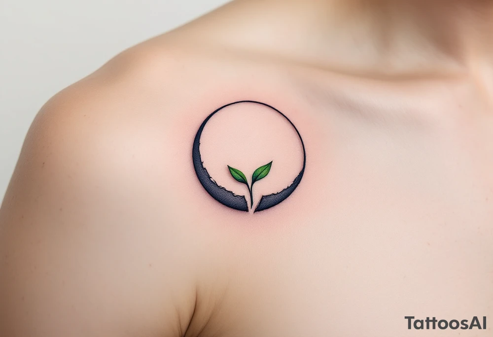 A broken circle in charcoal gray with a sprouting green leaf at the gap, symbolizing growth and renewal. tattoo idea