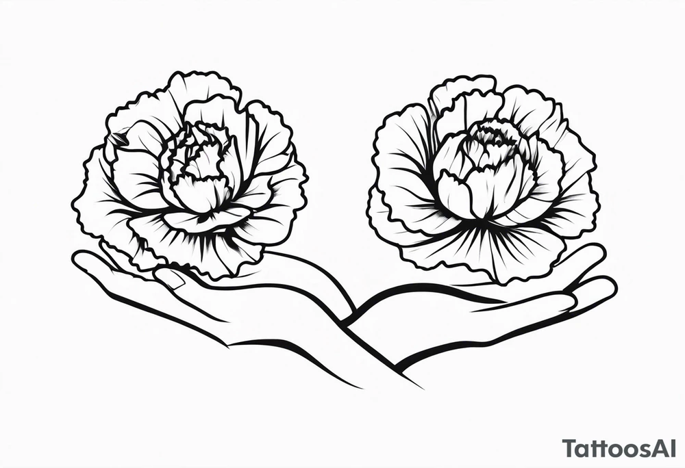 Black and white outline of a carnation flower. Outline of hands holding the flower. Phrase “walk of life” placed somewhere discretely tattoo idea