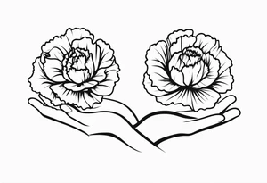 Black and white outline of a carnation flower. Outline of hands holding the flower. Phrase “walk of life” placed somewhere discretely tattoo idea