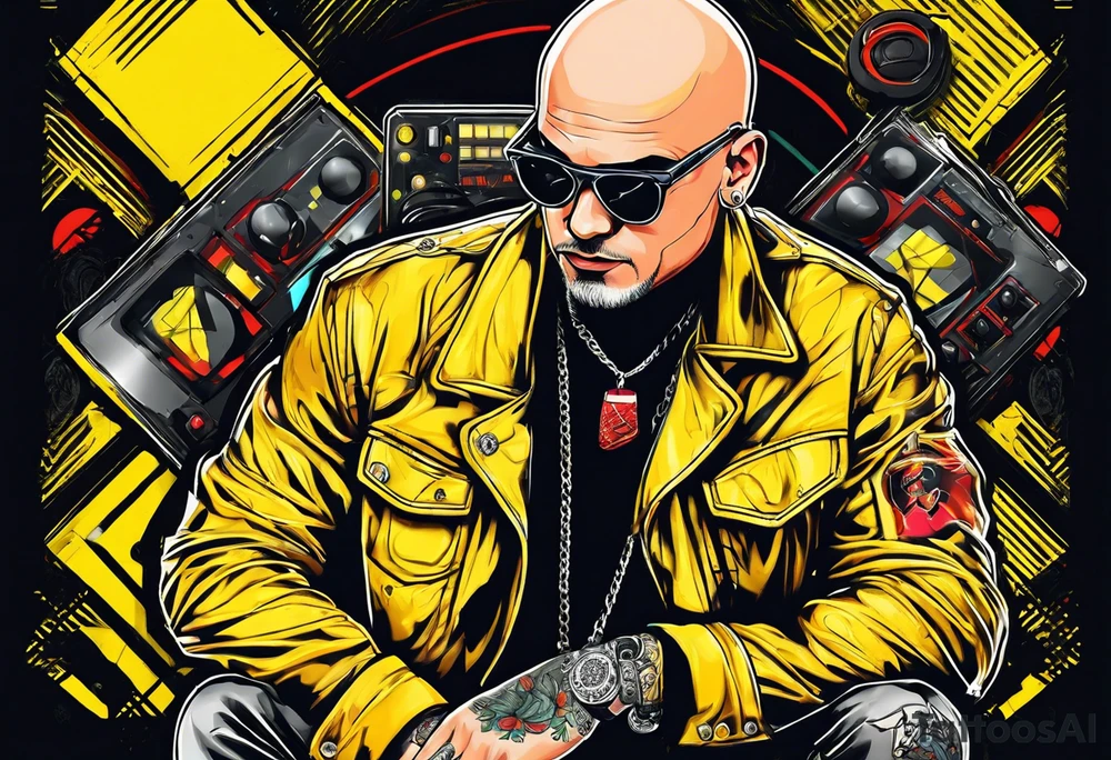 a bald german dj with handcuffs on ina bright yellwo short with red shoe boxesa around him tattoo idea