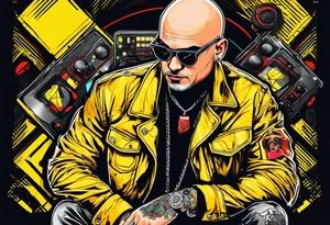 a bald german dj with handcuffs on ina bright yellwo short with red shoe boxesa around him tattoo idea