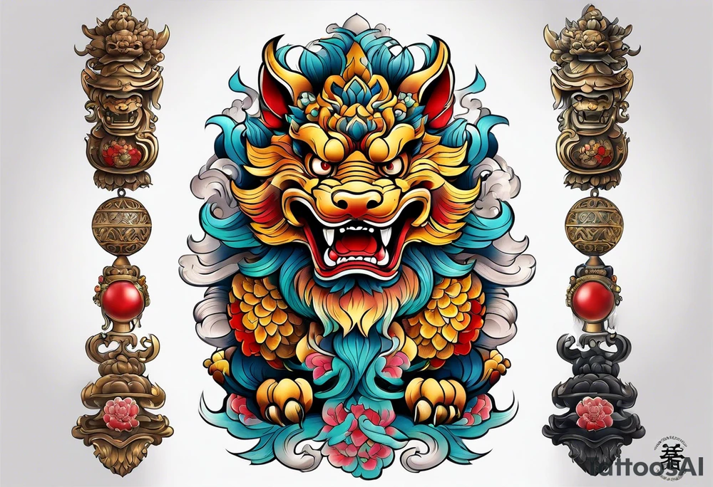 foo dog full body leg sleeve tattoo idea