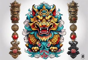 foo dog full body leg sleeve tattoo idea
