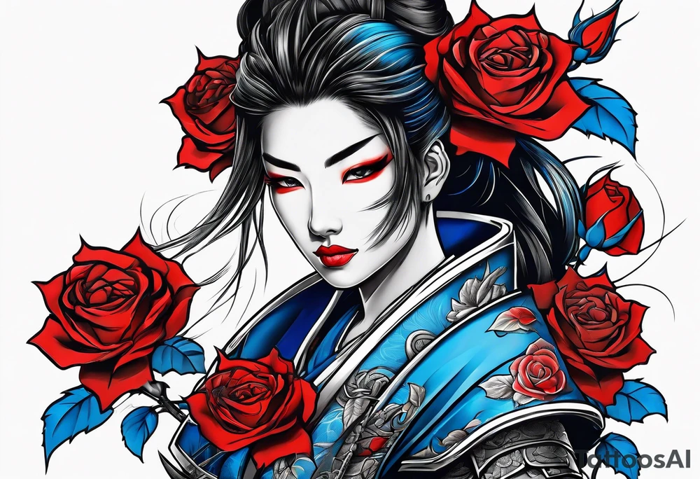 Armored Samurai woman Colored blue and red roses tattoo idea