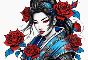 Armored Samurai woman Colored blue and red roses tattoo idea