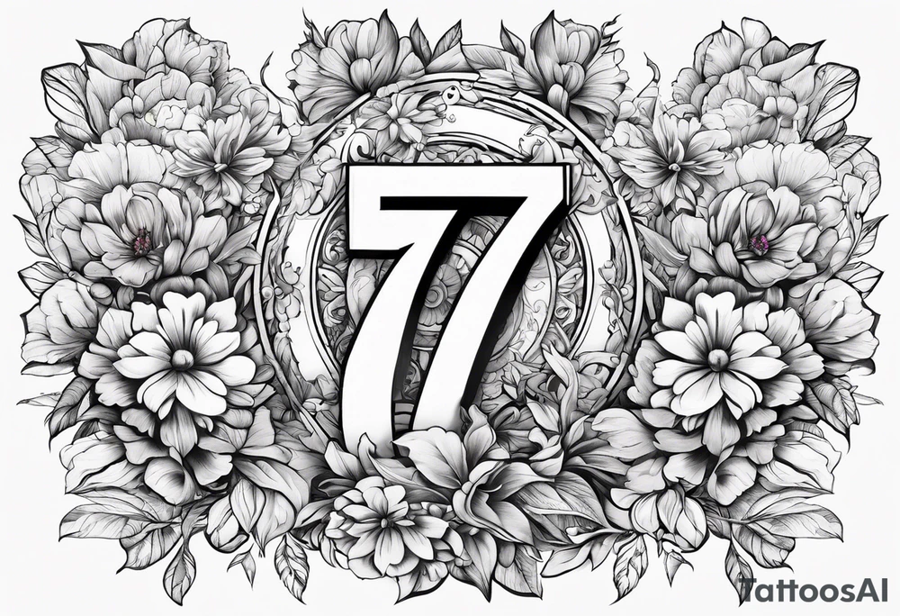 The number seven surrounded by colorful flowers tattoo idea