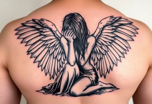 fallen angel Dante Mikha'el on her knees with great full wings, looking her darkened hand head down and her hair cover her half face tattoo idea