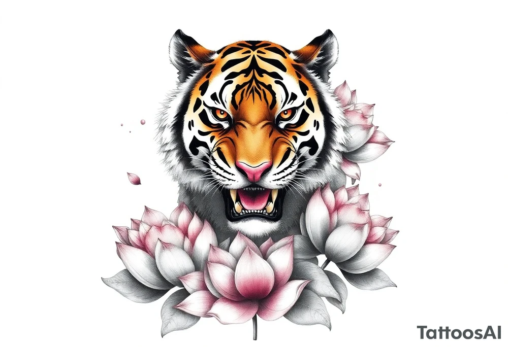 fierce tiger emerging through blooming lotus flowers in mist tattoo idea