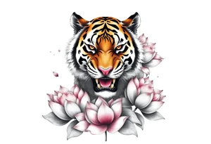 fierce tiger emerging through blooming lotus flowers in mist tattoo idea