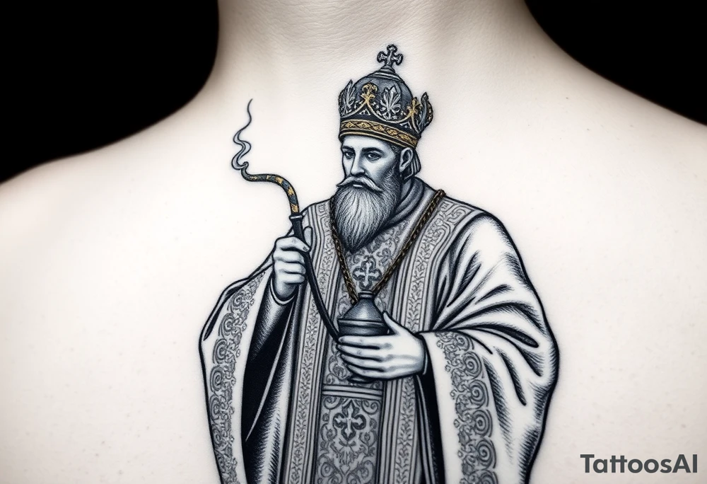 A Russian Orthodox Priest in full gold vestments swinging a censer with smoke curling upward 

The ornate robes give incredible fine line detail
The incense smoke could flow and connect to other elements
It ties directly into the church and Virgin Mary you already have
Very culturally authentic to the overall theme tattoo idea