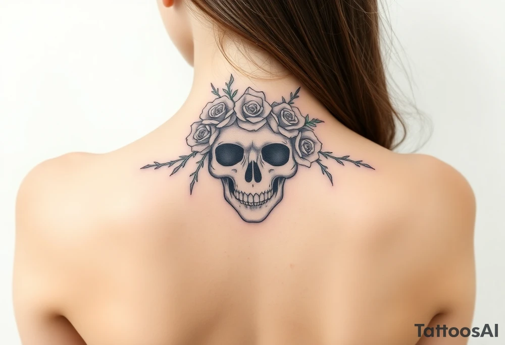 ornate skull adorned with crown of wild roses and thorns tattoo idea