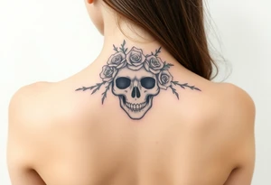 ornate skull adorned with crown of wild roses and thorns tattoo idea