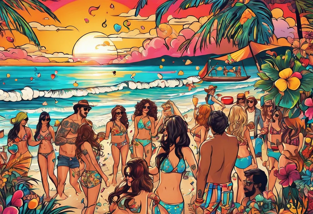 1970'S BEACH PARTY 
party, include confetti, music notes, 
, bikinis sunset in the center tattoo idea