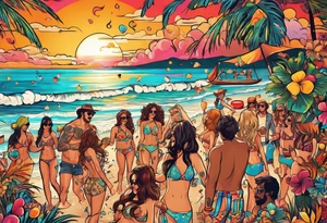 1970'S BEACH PARTY 
party, include confetti, music notes, 
, bikinis sunset in the center tattoo idea